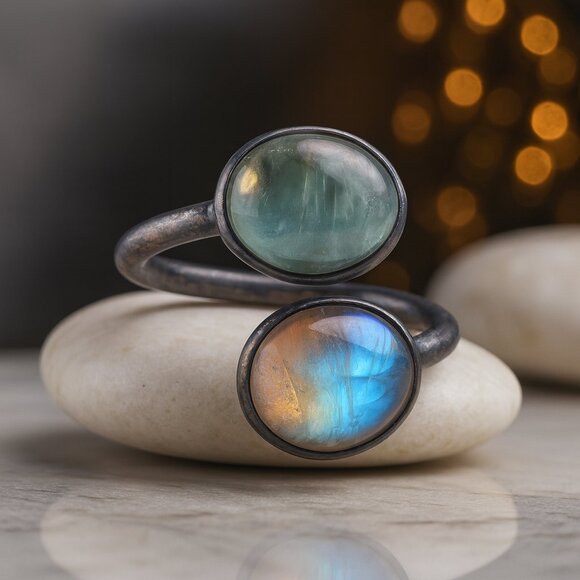 🆕 Boho Vintage Labradorite Ring Adjustable Open Wrap Handmade Copper Finish - Picture 7 of 10